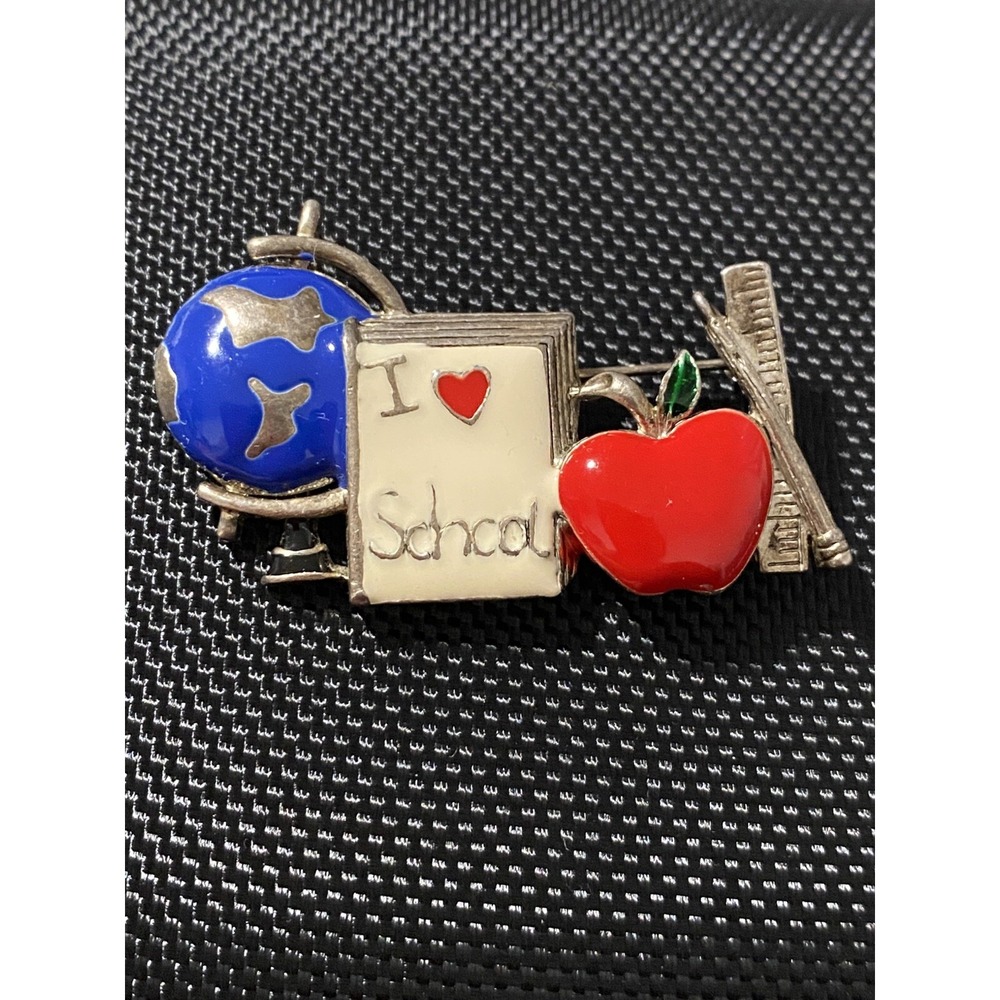 I Love School"Teacher Appreciation Lapel Red Apple Globe Ruler Brooch SilverTone